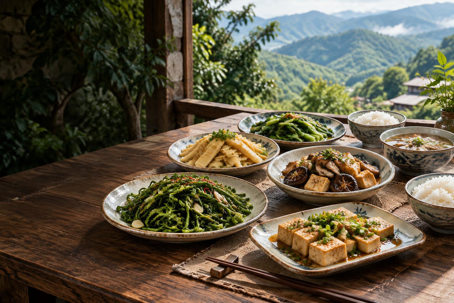 台灣山景旁的蔬食餐桌,擺滿竹筍、山蘇、香菇豆腐與家常青菜